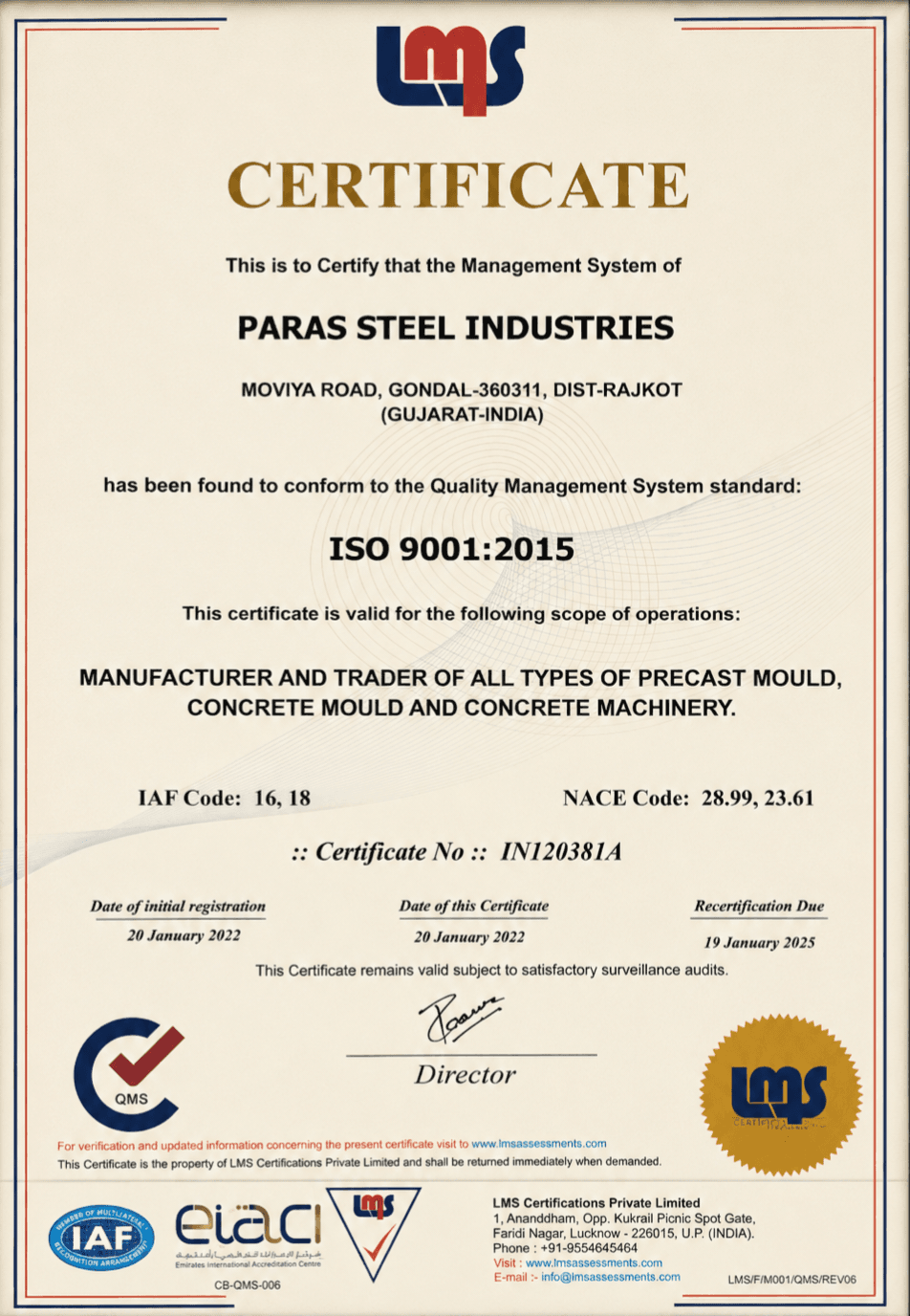 Paras Steel Industries ISO 9001:2015 certificate